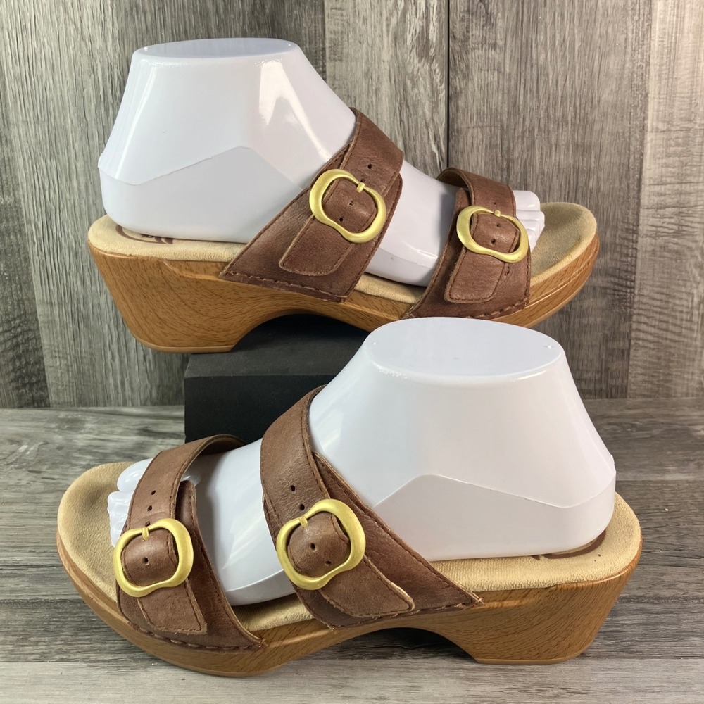 Dansko Brown Leather Two Strap Buckle Wedge Slide Sandals Clogs Size 39